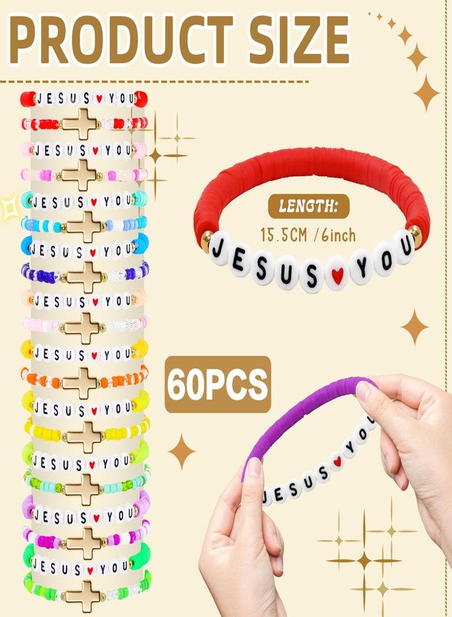 yesaior 60 Pcs Jesus You Christian Bracelets Bulk WWJD Colorful Friendship Bracelet for Women Religious Cross Beaded Wristband for Christmas Church Reminder Jewelry Gift (Golden Cross) - Image 2